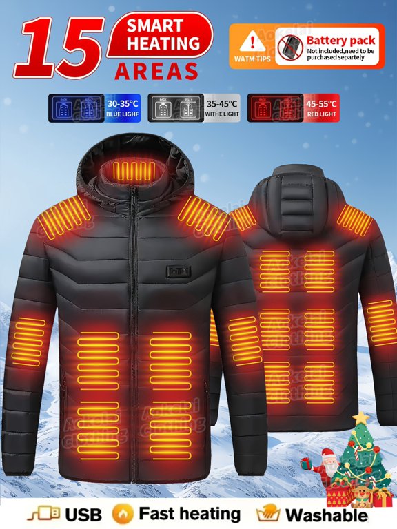 Smart Heated Cotton Jacket, 15 Heating Zones, USB Rechargeable, 3 Level Adjustable Temperature, Detachable Hood, Long Sleeve Warm Coat. Ideal for Winter Casual Outdoor Activities: Camping, Hunting,