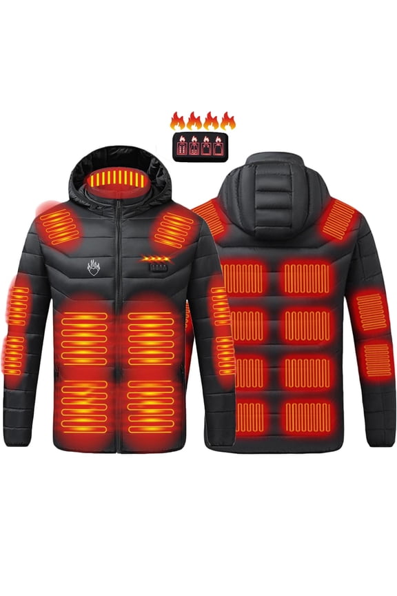 Smart Heated Jackets for Men with 4-Zone Control 21 Heating Areas USB Charging 10006mAh Hooded Small print Outwear (Battery Not Included)