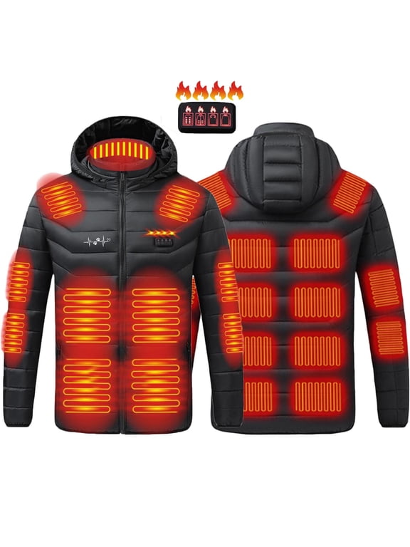 Smart Heated Jackets for Men with 4-Zone Control 21 Heating Areas USB Charging 10009mAh Hooded Small print Outwear (Battery Not Included)