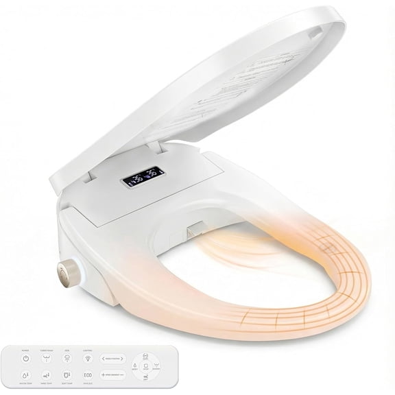 Smart Heated Toilet Seat for Short V-Shaped Toilets – Bidet Warm Water Wash, Self-Cleaning Nozzle, Warm Air Dryer, Deodorizer, Soft-Close Lid, LED Night Light & Remote Control, Easy Install