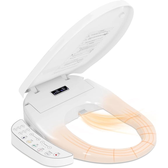 Smart Heated Toilet Seat for Short V-Shaped Toilets – Bidet Warm Water Wash, Self-Cleaning Nozzle, Warm Air Dryer, Deodorizer, Soft-Close Lid, LED Night Light & Touch Panel, Easy Install