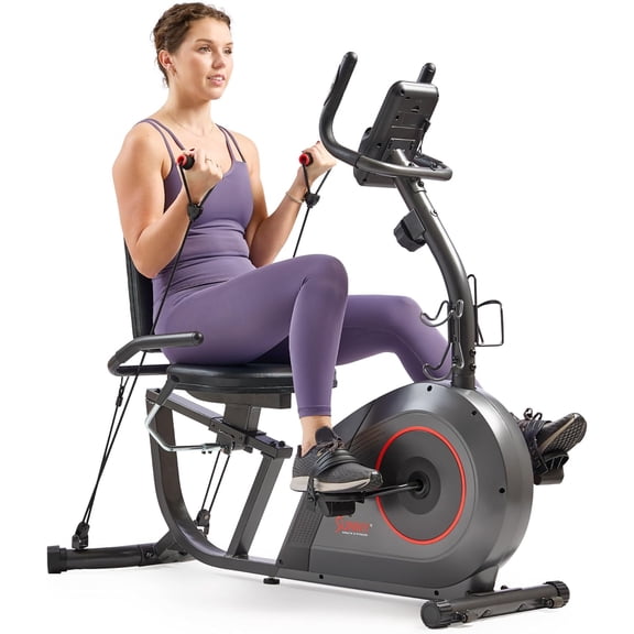 Smart Heavy-Duty Recumbent Bike w/Wide Cushioned Seat & Back, Indoor Cycling Machine for Adult/Seniors Home Exercise, Free SunnyFit App Connect, Optional Workout Training Bands