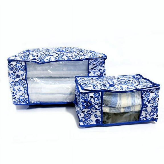 Smart Home 2 PC Zip Around Storage Bin Set in White and Blue Floral