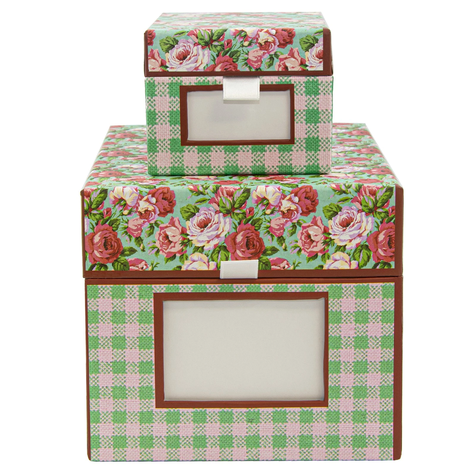 Smart Home 2 Piece Gingham And Floral Storage Boxes In Pink & Green