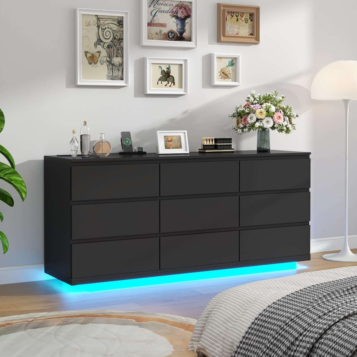 Smart Home 9-Drawer Floating Dresser w/ USB Outlets & LED Lights |  Extra-Wide Storage Cabinet with Fast Charging Station | Bedroom & Living  Room ...