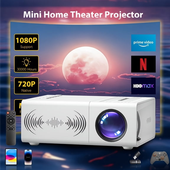 Smart Home Cinema Projector, 720P Native & 1080P Support, Compact Design, High-Resolution Lens, Compatible with USB/TV Stick/Laptop, Perfect for Bedroom Movie Nights