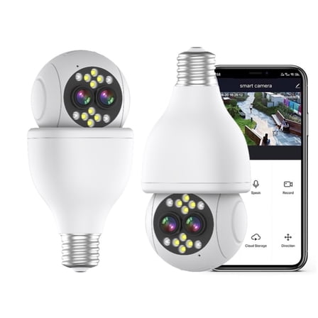  Smart Home Light Bulb Security IP Camera Double lens 5X Zoom 2K Resolution , 2.4GHz Wireless WiFi Light Socket Security Cameras, 360 Pan/Tilt Human Motion Detection Alarm Colour Night Vision Works