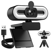 2K Webcam for PC, 1080P 60FPS USB Webcam with 3-Level Ring Light, Autofocus, Dual Noise Cancelling Mics, 108° Wide Angle, Low Light Vision, Privacy Cover & Trip
