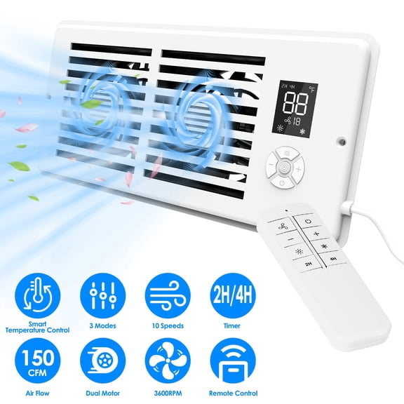 Smart Home Vent Fan Booster, Register Booster Fan Fits 4"x10" AC Vent, 3 Modes 10 Speeds Timer LCD Remote Control Dual Motors for Wall Ceiling Floor