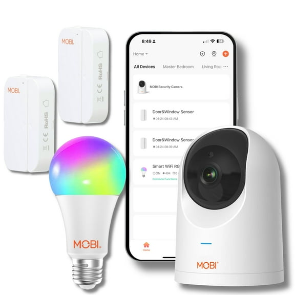 Smart HomeGuard Security Bundle: 1x Camera, 2 x Door/Window Sensor, and 1 x LED Bulb - Expandable By Adding Additional MOBI Monitoring Devices