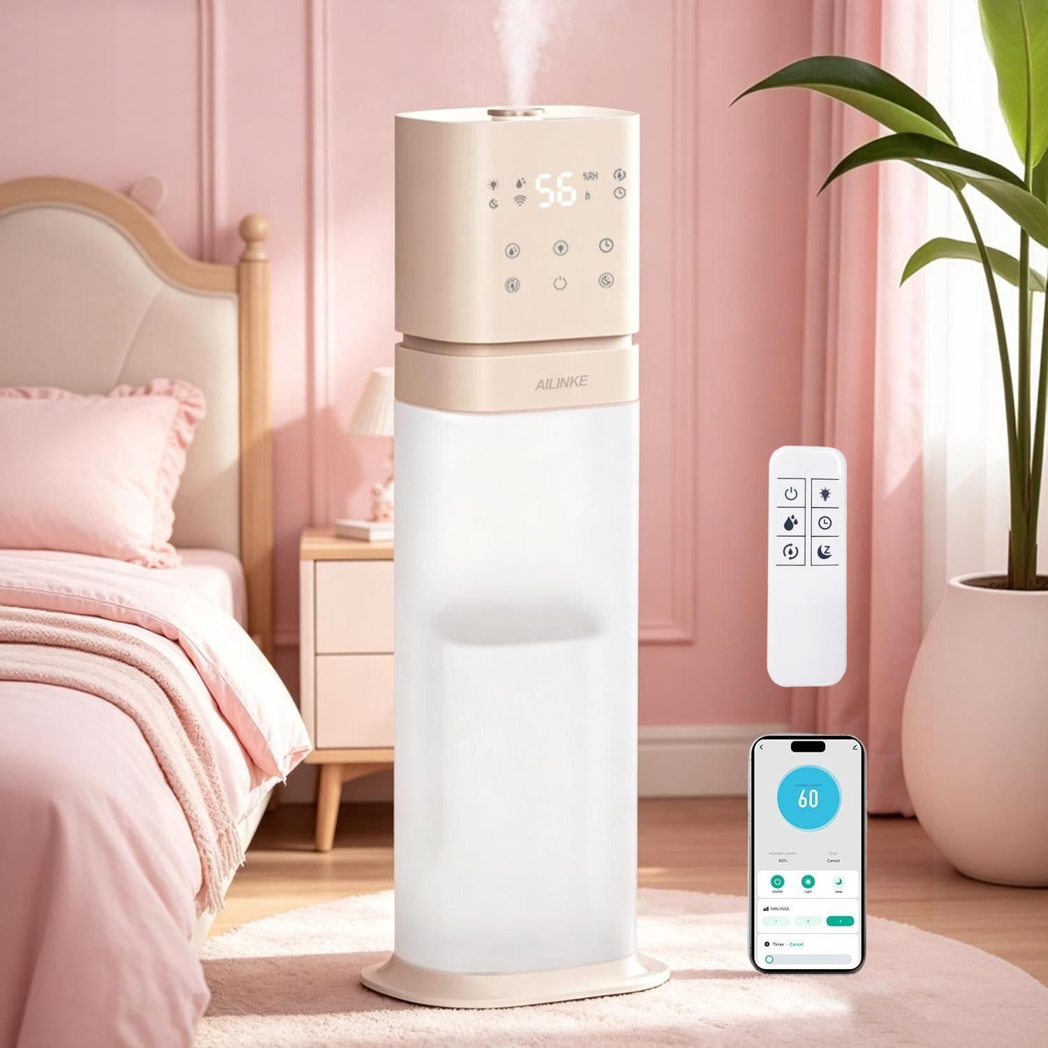 Smart Humidifier Large Room, 2.1Gal/8L Humidifiers for Bedroom with Extended Tube&Night Light, Whole House Cool Mist Humidifiers, WIFI App&Voice Control, School/Office/Warehouse, Pale Pink