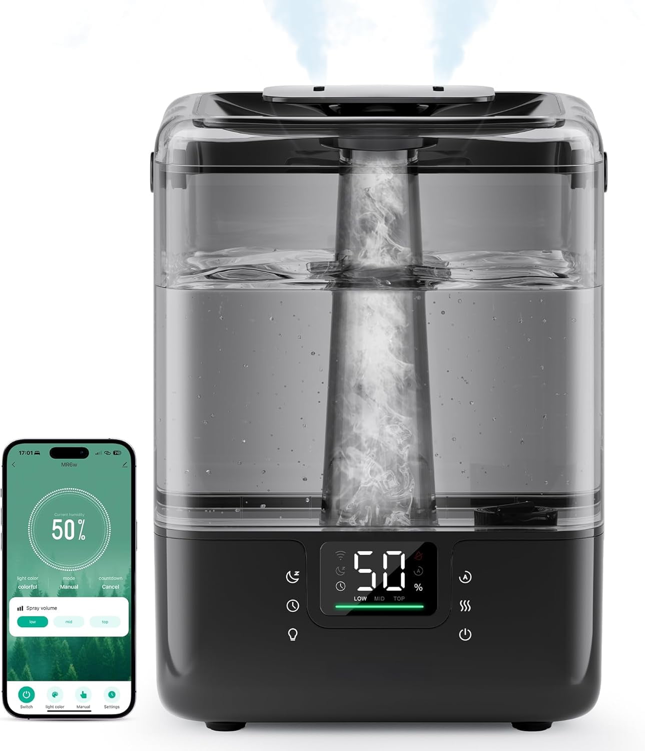 Smart Humidifiers for Bedroom Large Room Home, 6L Cool Mist Top Fill Humidifier with Essential Oil Diffuser, Black