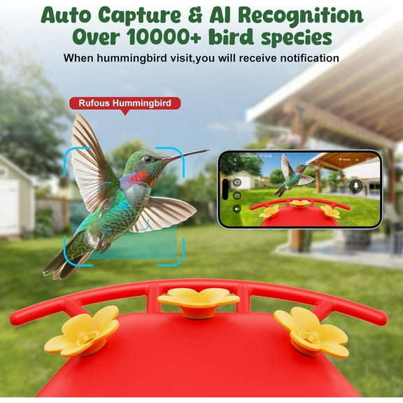 Smart Hummingbird Feeder with Camera Solar Powered,AI Identify Bird Species,Ant Moat,Bee Proof, Notifications,W/32G Card,2K Live Video,Easy Clean & Refill,Ideal Gifts for Bird Lovers