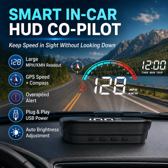 Smart In Car Hud Co Pilot Heads Up Display for Cars GPS Speedometer Windshield Projector Digital Speedometer MPH KMH Overspeed Alarm GPS Compass