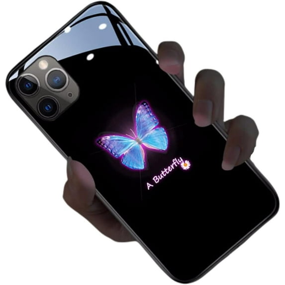 Smart Incoming Call Voice Control Colorful Light Butterfly Case for iPhone 13 12 11 Pro Max Mini X XS XR SE 8 7 6 6S Plus Shell, Tempered Glass Back(11,Black)