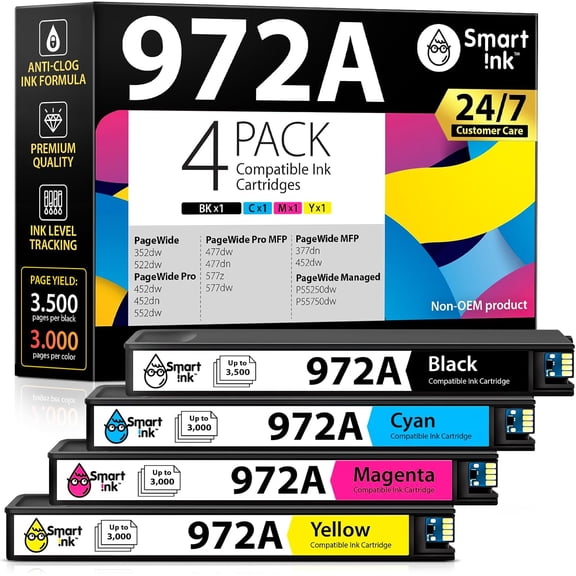 972A Ink Cartridges Replacement for HP 972A 972 A(4 Pack Combo) to use with PageWide Pro 477dw 577dw 452dw 477dn 452dn 577z 552dw 377dw P55250dw Printers (Black & Cyan Magenta Yellow)