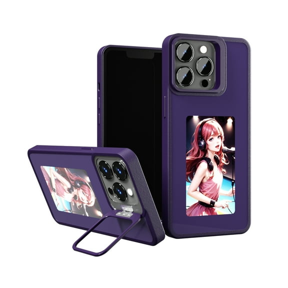 Smart Ink Screen Phone Case with 4 Color E-Ink Display Picture, Easy to APP DIY Your Favorite Photos, No Power Consumption NFC Phone Case for iPhone 15 Plus with Camera Cover Kickstand, Darkpurple