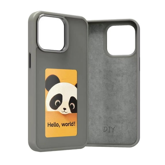 Smart Ink Screen Phone Case for iPhone 15 Pro Max NFC Smart Mobile Phone Cover Long-Lasting Imaging Display DIY Photo, Slim Microfiber PU Leather Velvet Lining Anti-Scratch Protective Case, Gray
