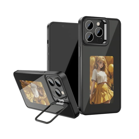 Smart Ink Screen Projection Phone Case for iPhone 13 with Camera Cover Bracket, Instantly Displays Photos on The Ink Screen Back Cover, DIY and Customizable Phone Case, Black