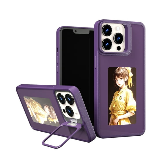 Smart Ink Screen Projection Phone Case for iPhone 13 Pro Max with Camera Cover Bracket, Instantly Displays Photos on The Ink Screen Back Cover, DIY and Customizable Phone Case, Purple