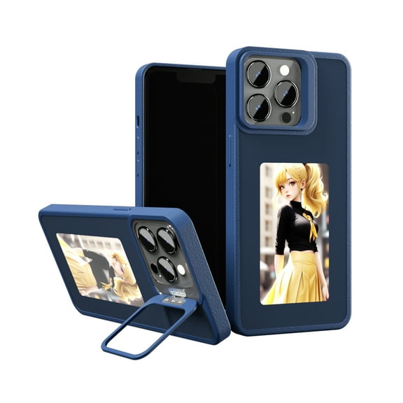 Smart Ink Screen Projection Phone Case for iPhone 15 Plus with Camera Cover Bracket, Instantly Displays Photos on The Ink Screen Back Cover, DIY and Customizable Phone Case, Blue