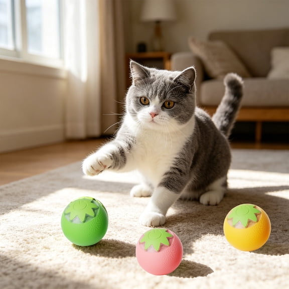 Smart Interactive Cat Toy Ball, USB Rechargeable Automatic Rolling Pet Exercise Ball, Soft Silicone Fruit Shaped Random Moving Hunting Toy for Cats, AKLJWH