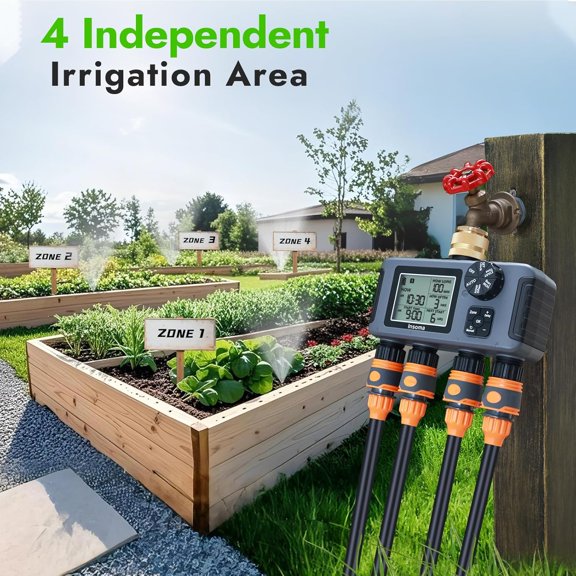 Smart Irrigation Controller with Brass Inlet, 4 Independent Zones Outdoor Hose Timer for Garden Faucet