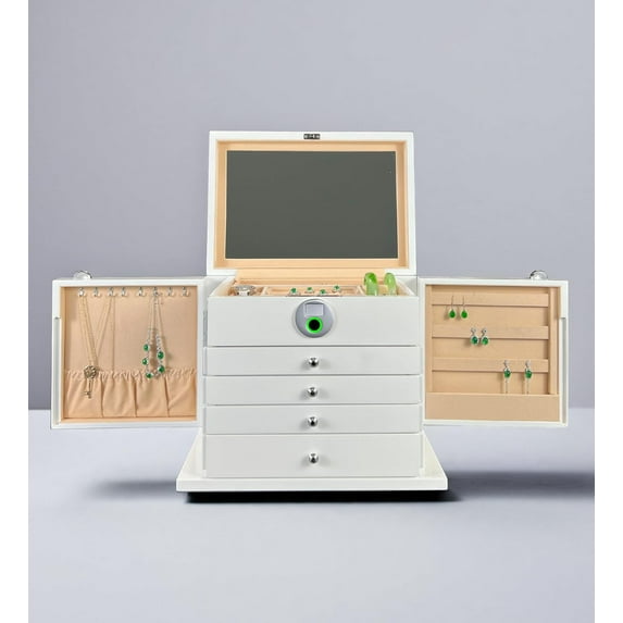 Smart Jewelry Box with Fingerprint Lock, 3-Layer Large Wood Jewelry Organizer for Women, Rosewood Piano Finish Storage Chest with Drawers