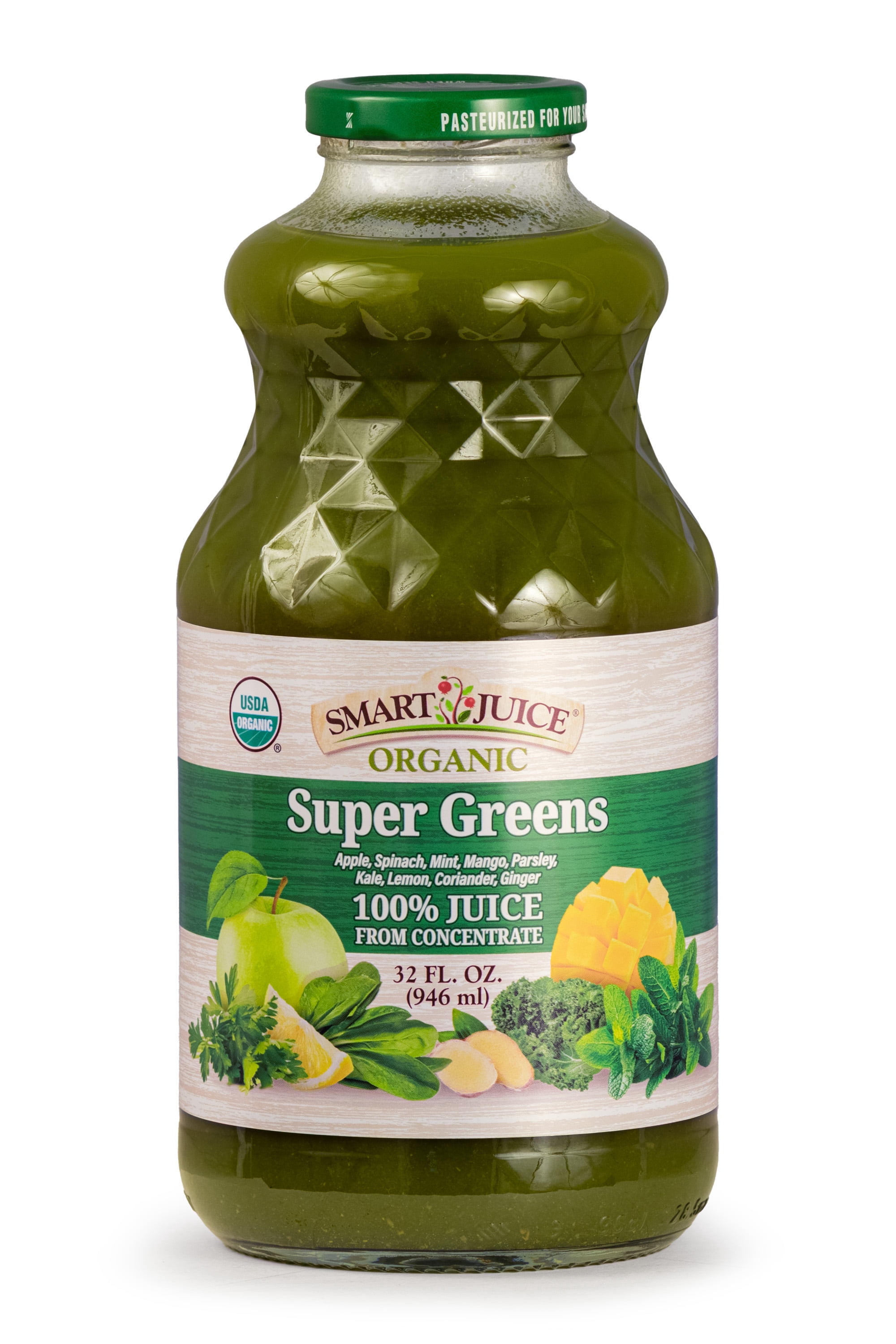 Smart Juice Organic Super Greens Juice with Spinach, Kale, Mango & Ginger – Shelf-Stable, 100% Juice – 32 fl oz, Pack of 6
