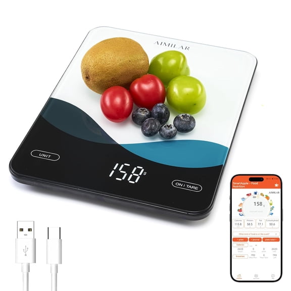 Smart Kitchen Scale - 10kg/22lb Rechargeable Food Scale with Nutritional Calculator, Calorie Counting, Tare Function, USB-C Charging, in g/lb:oz/oz/ml, LED Display, Tempered Glass