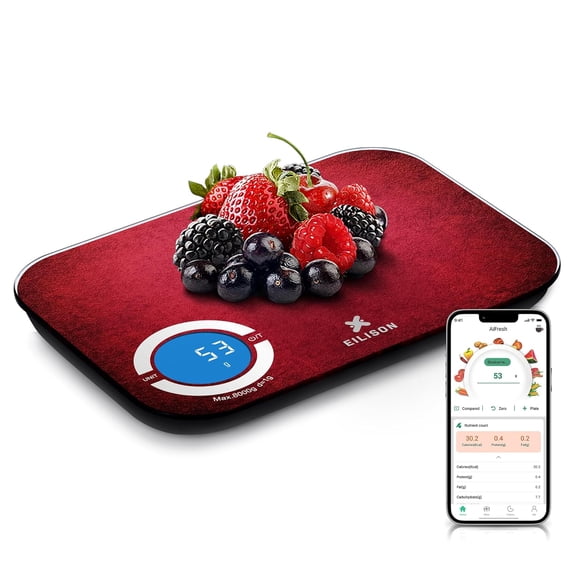 Smart Kitchen Scale with Bluetooth App, High-Precision Digital Food Scale for Baking, Cooking & Diet, 8000 Food Database, 24 Nutrients, Touchscreen, Tare Function, 5g-8000g Capacity (Red)