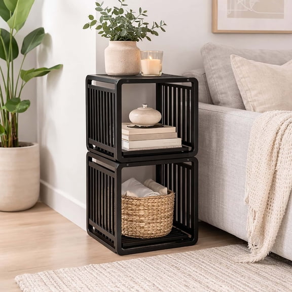 Smart Kube Black Bamboo Cube Storage Organizer Set of 2, 13" Stackable Modular Shelf