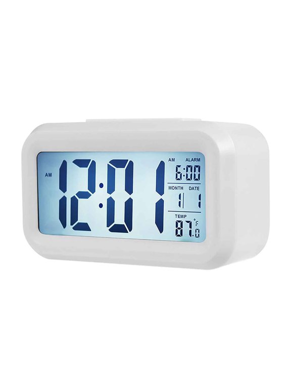 Smart LCD Alarm Clock, Usupdd Light Sensing Silent Clock with Temperature Display, Snoozy Student Electronic Clock for Bedroom Desk Office with Snooze Mode, White