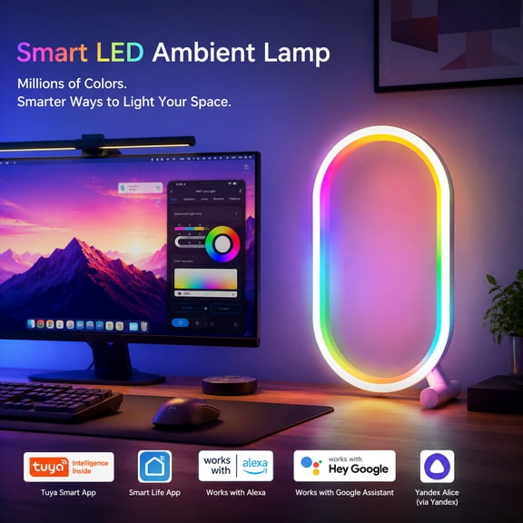 Smart LED Ambient Lamp, RGBIC 16 Million Colors with App & Voice Control, Music Sync Pickup Rhythm Night Light, Tuya Smart Life, Works with Alexa Google Assistant, USB-C Desktop Mood Light