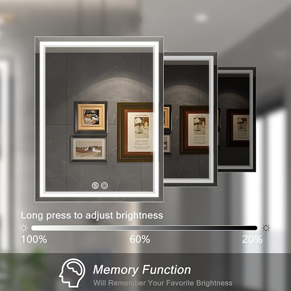 Smart LED Bathroom Mirror with Anti-Fog Technology, Dual Touch Controls, Adjustable Brightness, High-Definition Reflection, Wall-Mounted Design, Memory Function, 24 by 16 Inches