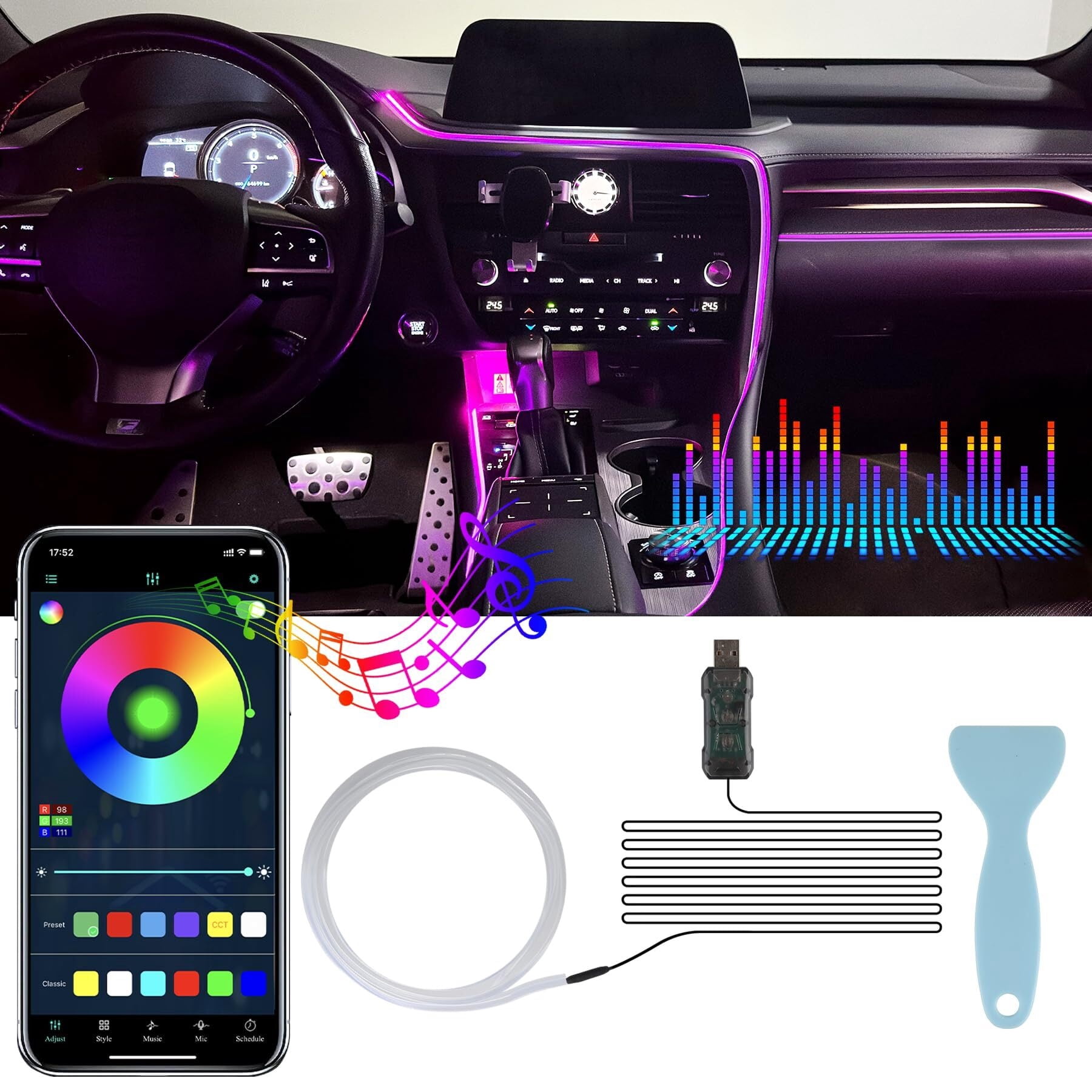 Smart LED Car Lights Interior with USB Port, Wireless App Control, Sync ...
