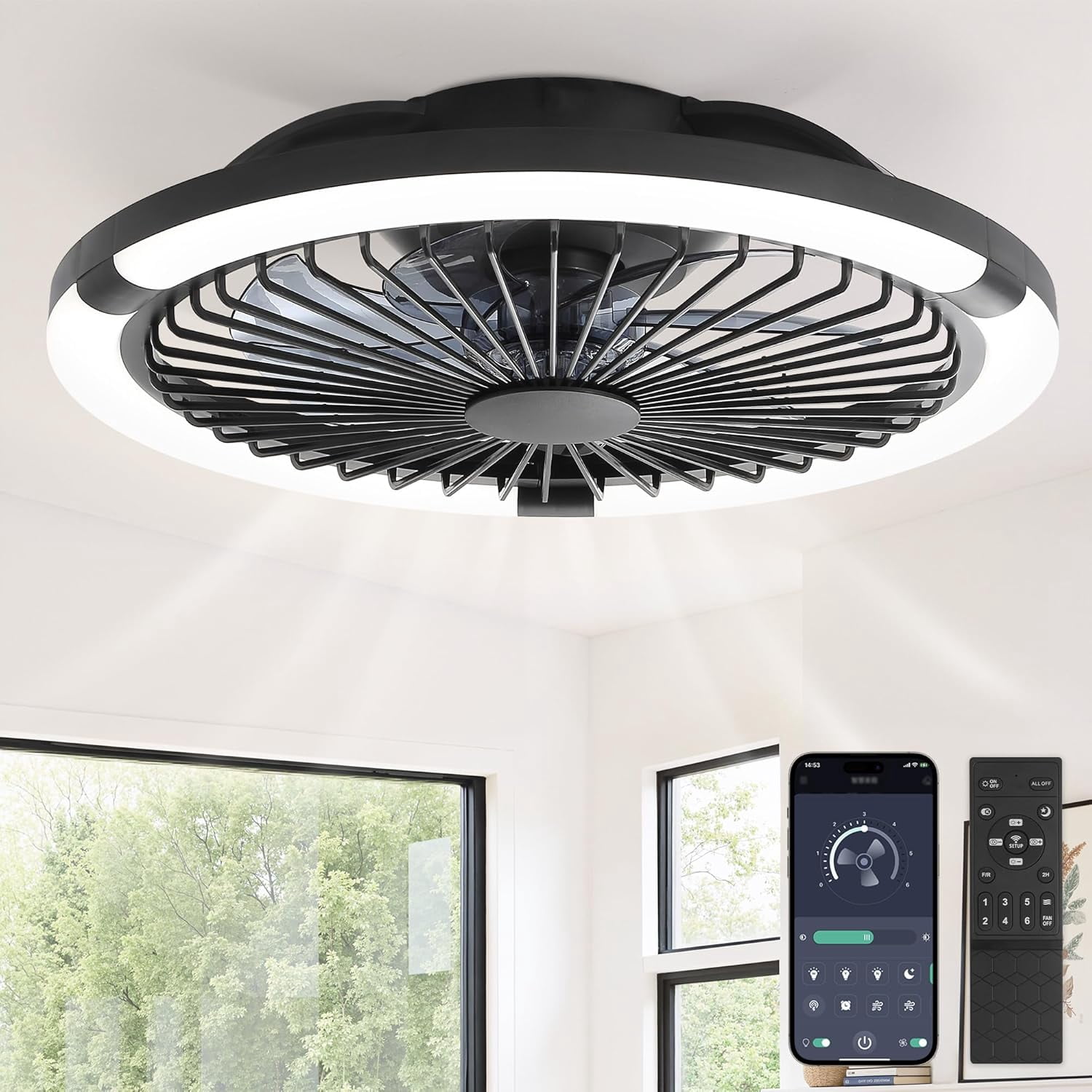 Smart LED Ceiling Fan with Light, Low Profile Flush Mount Design ...