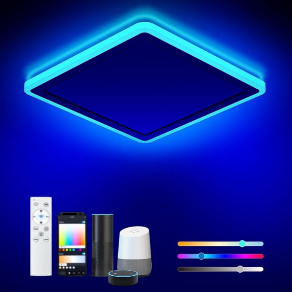 Smart LED Ceiling Light WiFi, 13in RGB Flush Mount Lighting Fixture with Remote, Compatible with Alexa Google Home, Low Profile Ceiling Light for Bedroom, Kitchen, Square White