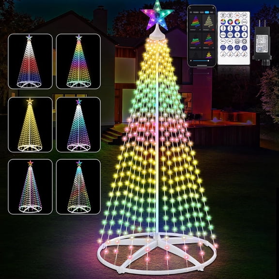 Smart LED Christmas Cone Tree Light, 6ft 250 LED 120+ Modes Lighted Artificial Tree with Star Topper, Music Sync with Remote APP Control, DIY RGB LEDs Light Show Trees for Xmas Indoor Outdoor Decor