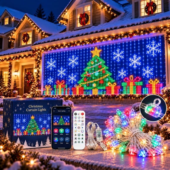 Smart LED Curtain Lights, 1024 LED Outdoor Wall Fairy Light with Bluetooth APP, DIY RGB House Net Light with Remote, USB IP65 Waterproof