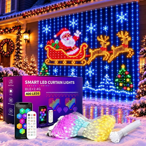 Smart LED Curtain Lights Christmas, 400 LED RGB Animated Outdoor Net Lights with App & 32-Key Remote Control, DIY Text Display, Timer & Memory for Fences, Railings and Porches