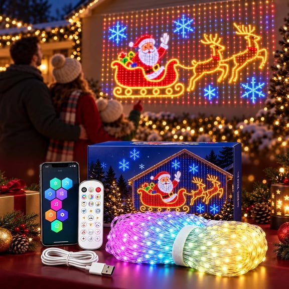 Smart LED Curtain Lights Christmas DIY House Net and Smart Outdoor Wall Light Grid Christmas 400 LED RGB Color Changing Fairy String Lights APP USB Control for Bedroom Window Party Decor, 9.84x6.56ft