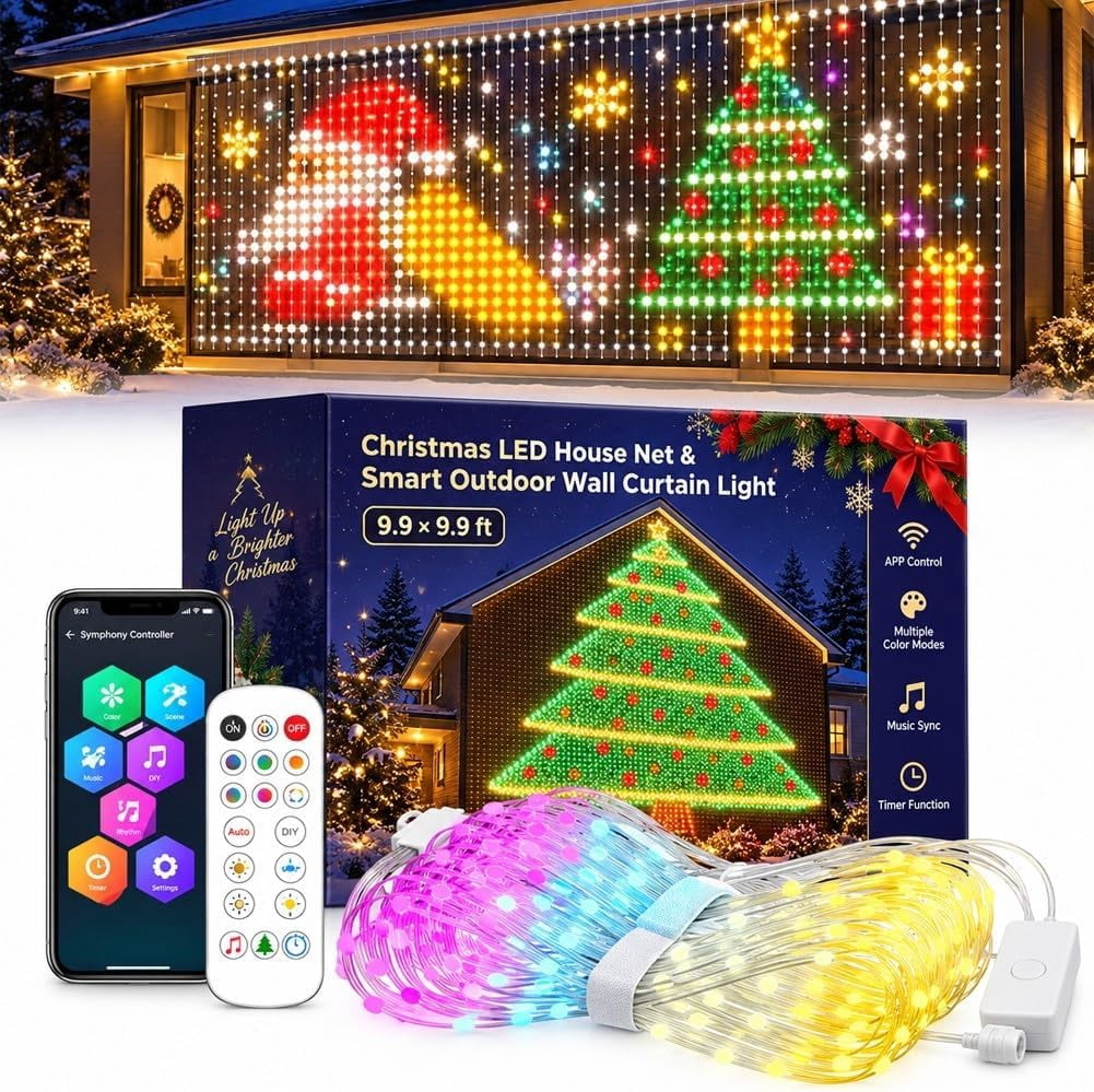 Smart LED Curtain Lights Christmas Outdoor, RGB Animated Net Lights App ...