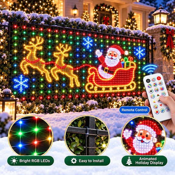 Smart LED Curtain Lights Christmas, RGB Outdoor Wall Net Light with Remote Control, Animated Christmas Mesh Fairy Lights with Timer Modes for House Fence Patio Garden Holiday Decor