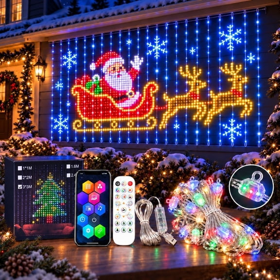 Smart LED Curtain Lights Christmas, Smart Lights Outdoor Bluetooth APP DIY RGB Outdoor Wall Window Fairy Light with Remote, USB Waterproof