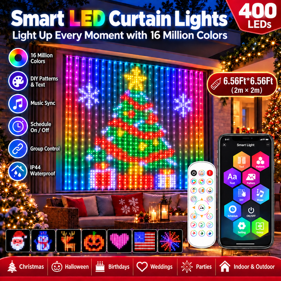 Smart LED Curtain Lights LED Curtain Lights Smart Curtain Lights Christmas Curtain Lights Pixel Christmas Lights App Controlled Animated Light Curtain