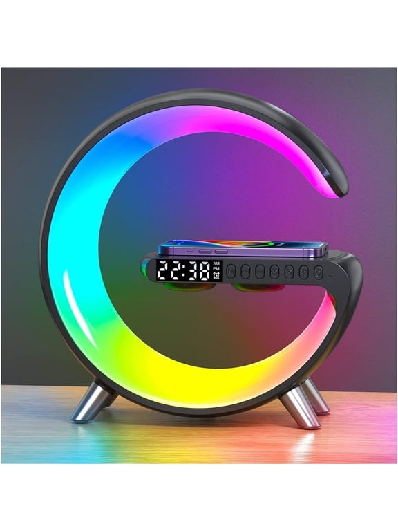 Smart LED Desk Lamp, 4-in-1 Wireless Charger, Night Light, Alarm Clock and Bluetooth Speaker with App Control for Bedroom, Office and Home Decoration,Black