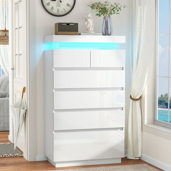 Smart LED Dresser with App Control, White High Gloss 6-Drawer Vanity with Adjustable RGB Lights, Modern Bedroom Furniture