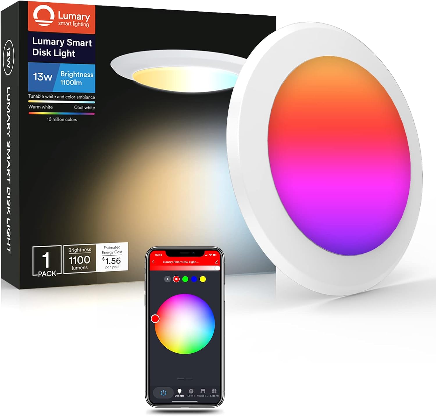 Smart LED Flush Mount Disk Lights 13W LED Can Lights, RGBWW Dimmable