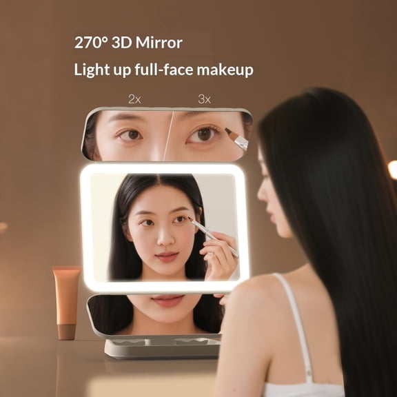 Smart LED Foldable Makeup Mirror with USB Power, Touch Control Dimming, 3-Color Temperature Mirror Suitable for for, Travel, Vanity - Portable Foldable Design with Base Storage Compartment